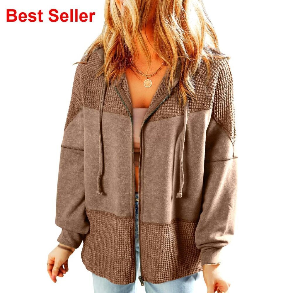 Waffle Knit Zip Hoodie Jacket Drawstring Casual Fall Winter Women's